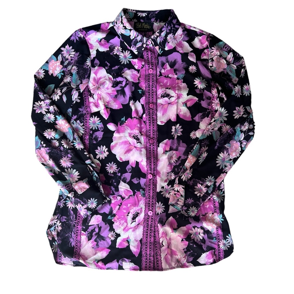 Bob Mackie Vintage Silk Button Up Long Sleeve Shirt Black & Purple Floral Sz XXS